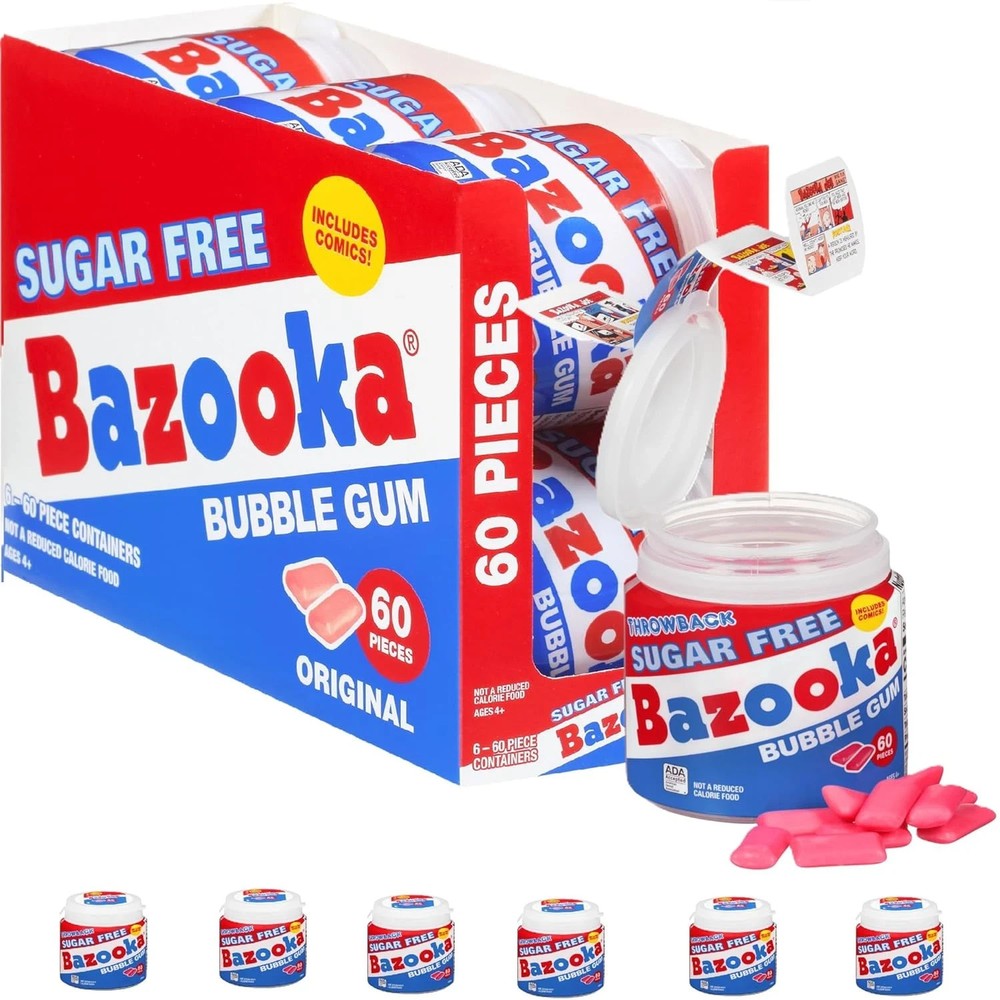 Bazooka Sugar Free Bubble Gum 60 Count to Go Cup Pack of 6 Pink Chewing Gum