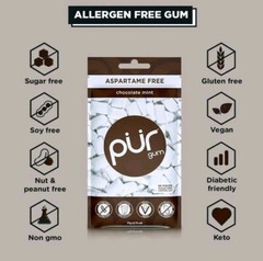 PUR Xylitol Chewing Gum CHOCOLATE MINT (55 Pieces, 6 Pack) Sugarless Vegan Pure
