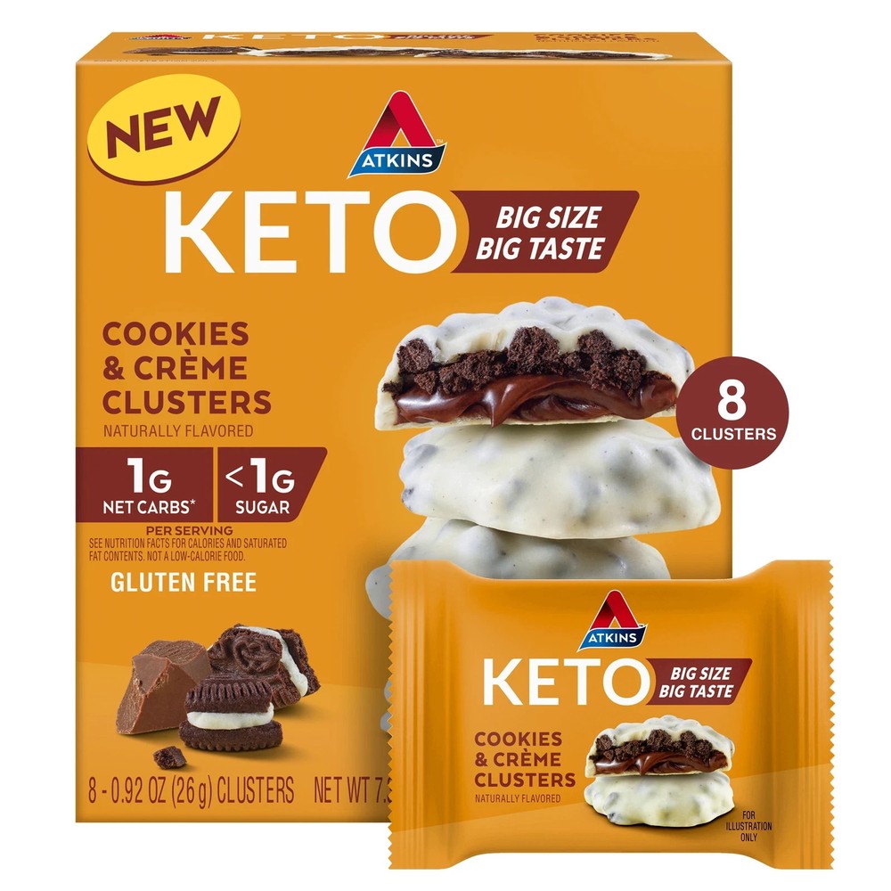 Atkins Keto Cookies & Crème Clusters, Gluten Free, High Fiber, Low Carb, 8 Count