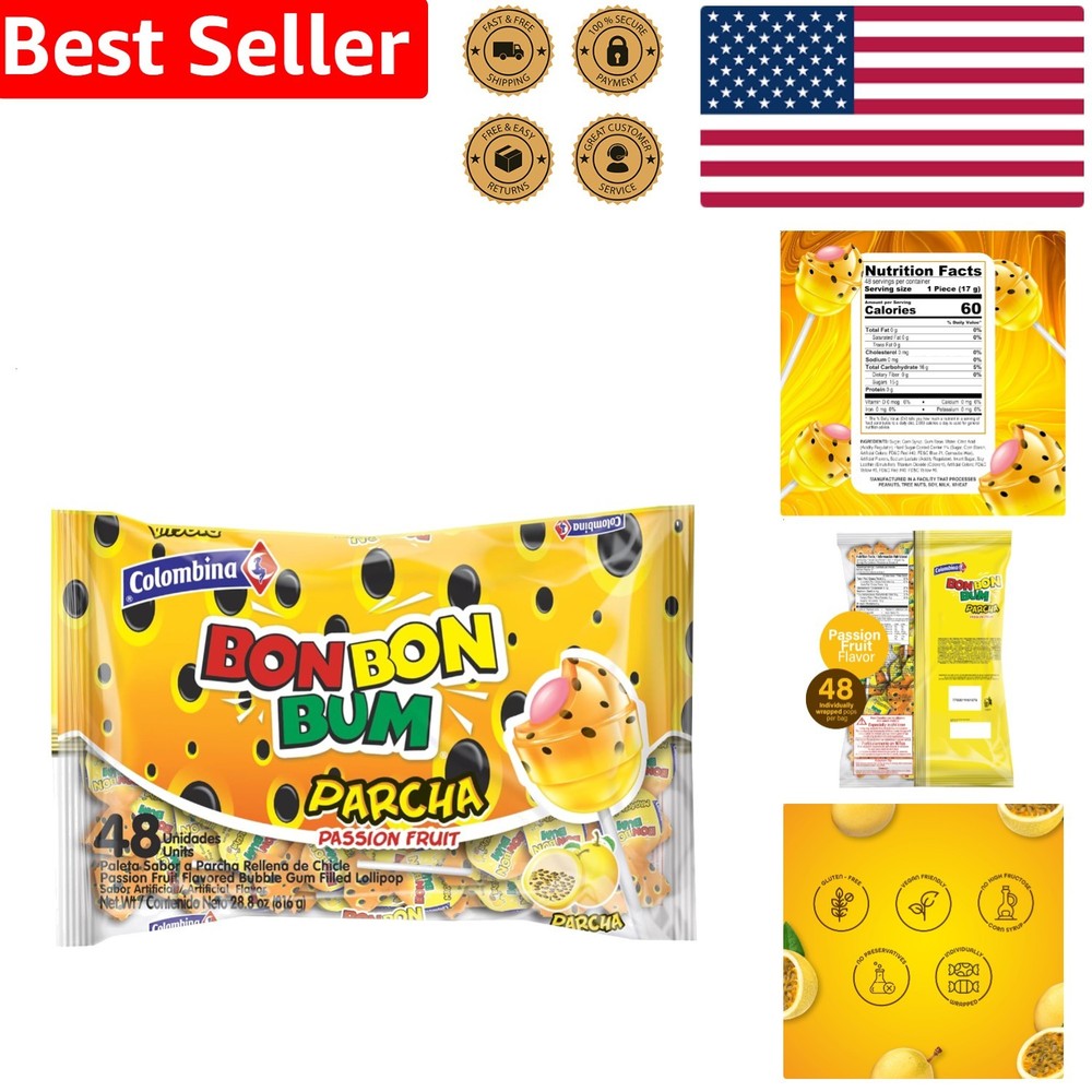 Bon Bon Bum Passion Fruit Lollipops 48 Count Individually Wrapped Candy Snacks