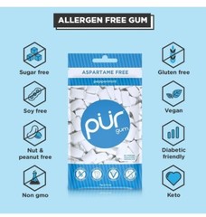 PUR Xylitol Chewing Gum PEPPERMINT (55 Pieces, 6 Pack) Dry-Mouth Sugarless Vegan
