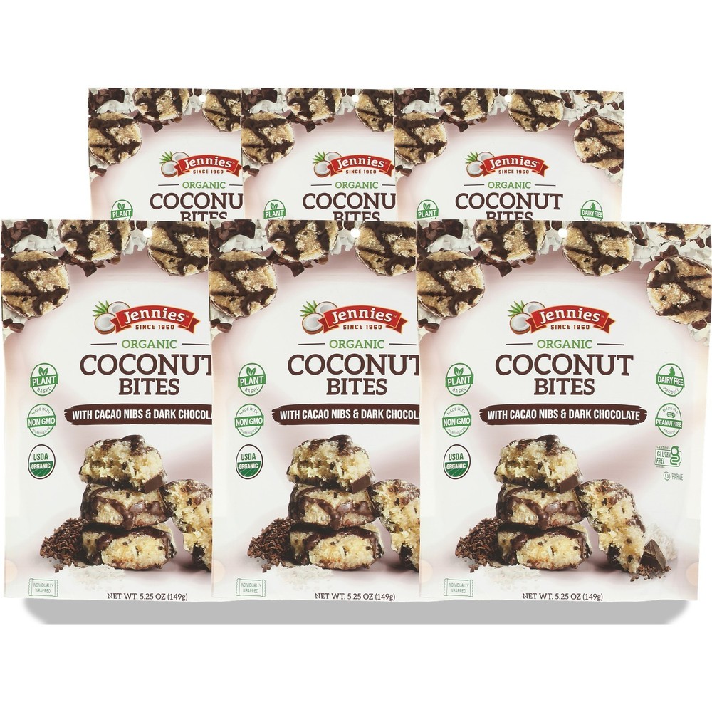 Organic Jennies Coconut Bites Dark Chocolate Cacao Nibs 5.25 Oz 6 Pack