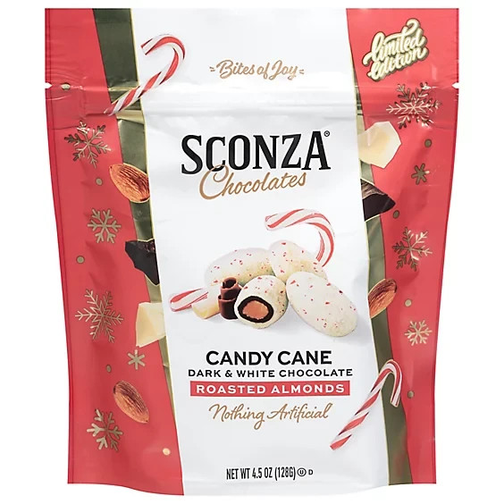Sconza 4.5 oz. CANDY CANE Dark & White Chocolate Covered Roasted Almonds BB 8/26