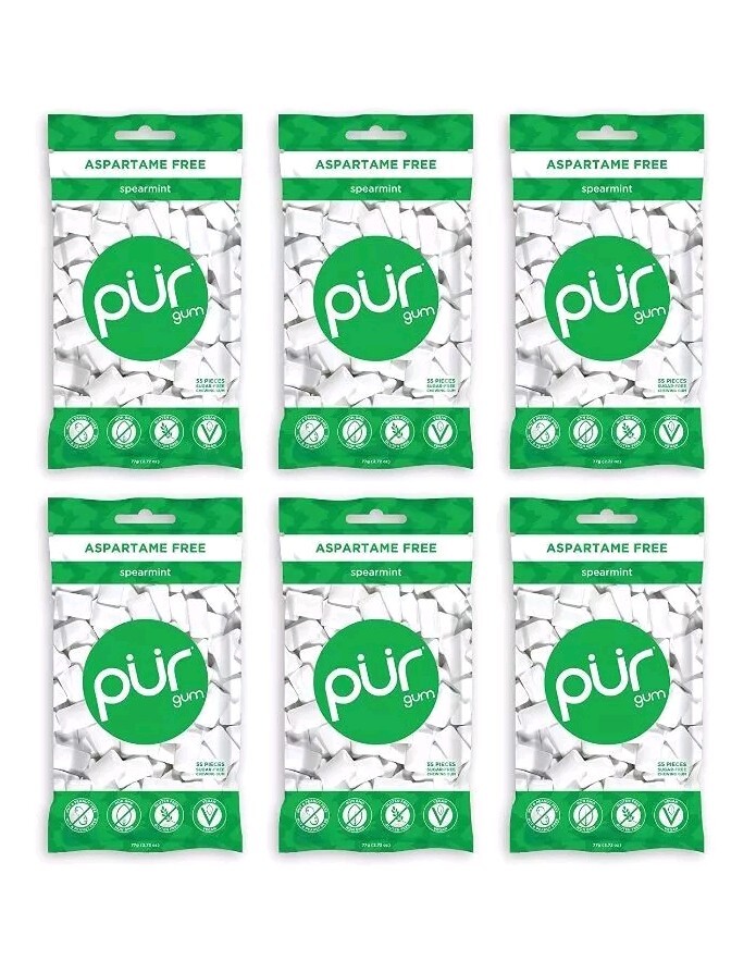 PUR Xylitol Chewing Gum SPEARMINT (55 Pieces, 6 Pack) Sugarless Vegan Pure