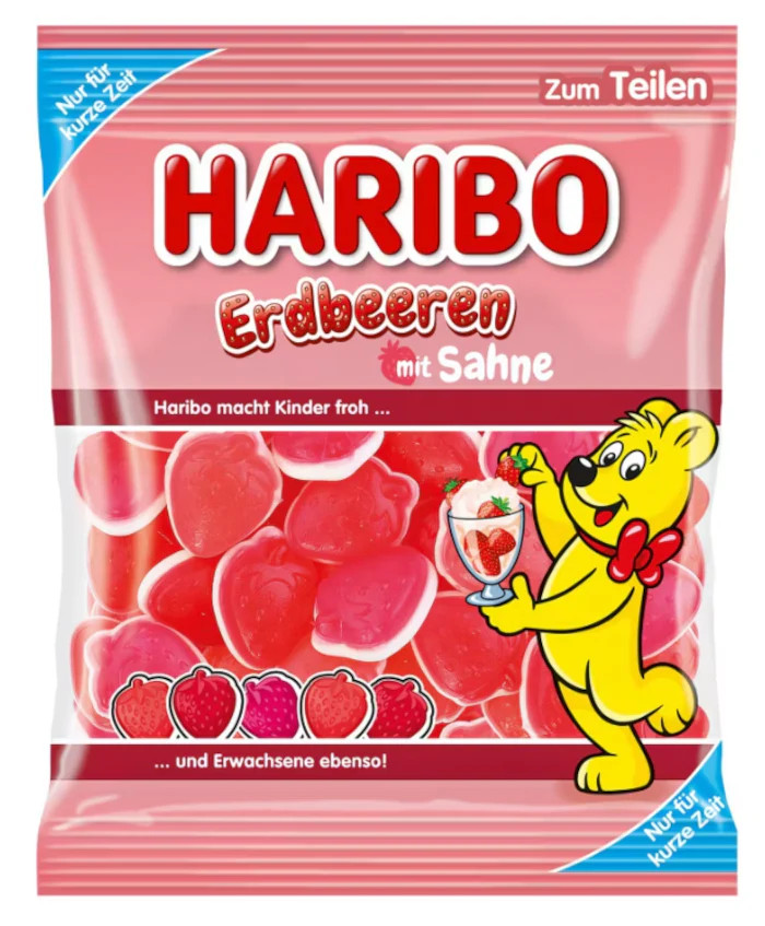 HARIBO gummies STRAWBERRIES & CREAM with foam bottom-175g/6.17 oz