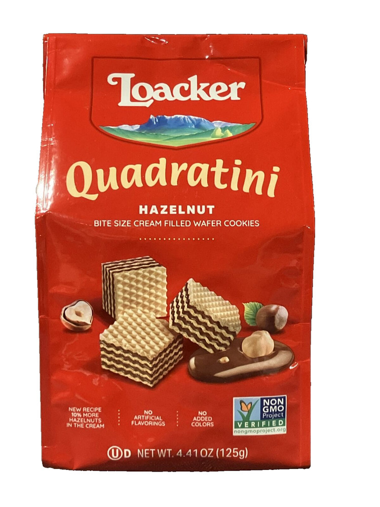 BEST BY 4/2024 LOACKER QUADRATINI HAZELNUT BITE SIZE CREAM FILLED WAFER 4.41 OZ