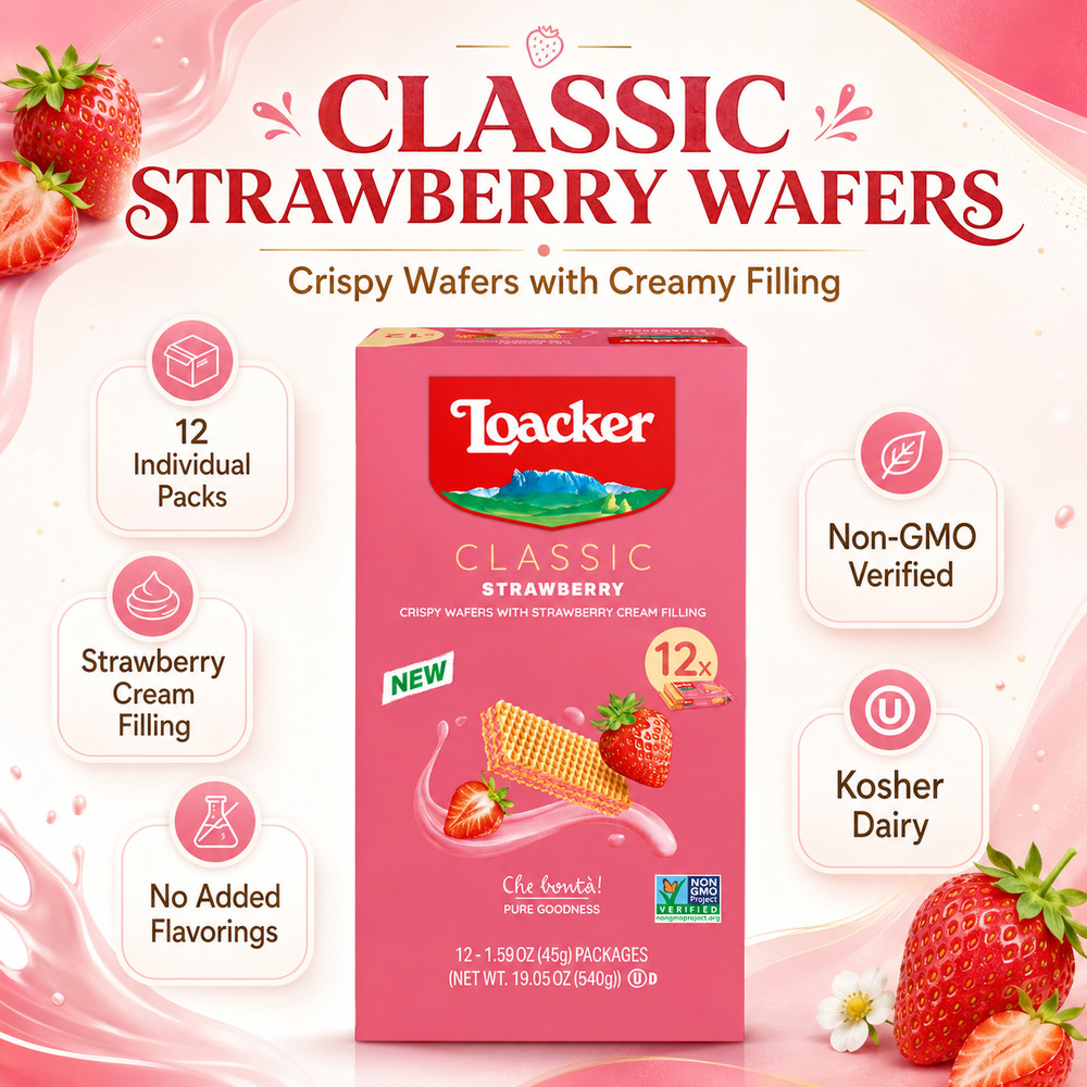 Loacker Classic Crispy Wafers, Strawberry, 1.59 oz, 12 Count