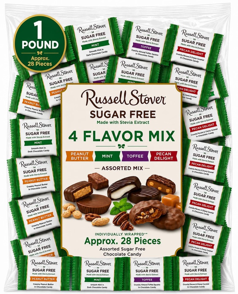 Russell Stover Sugar-Free, 4 Flavor Mix, Bulk Chocolate Candy Bars (1 Pound)