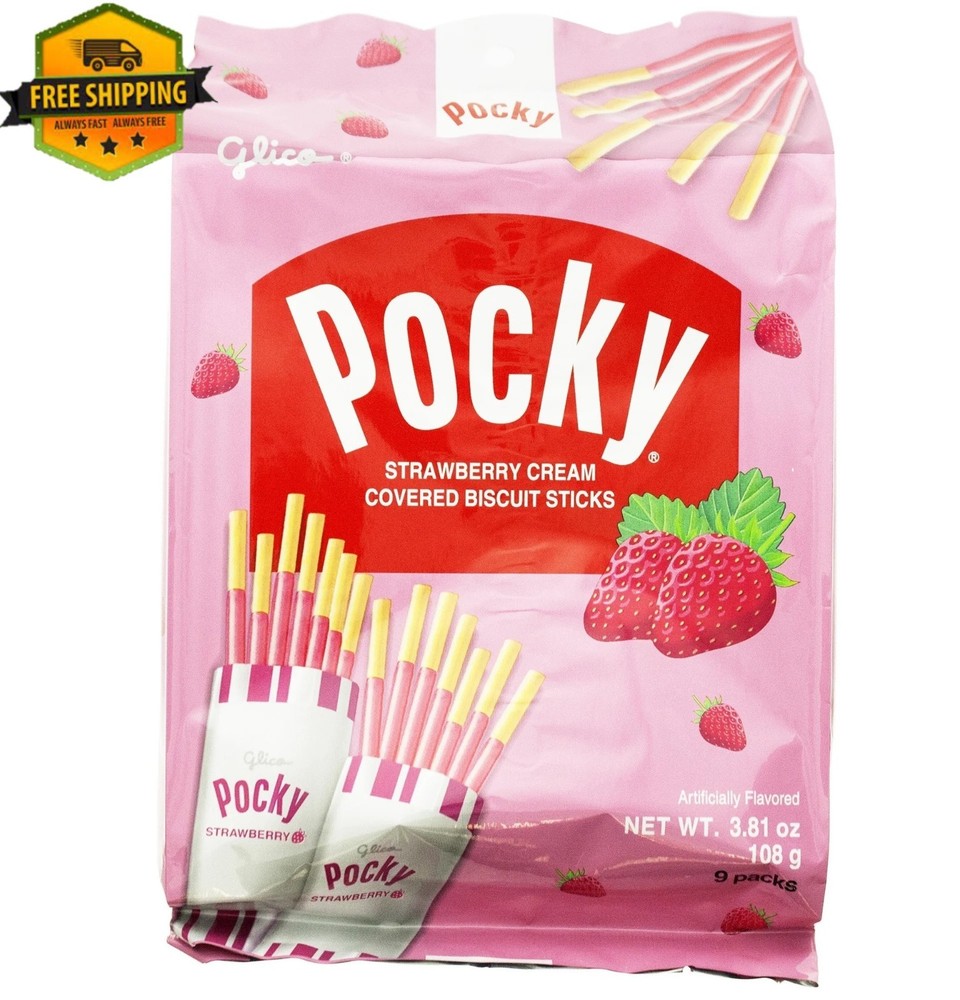 Glico Pocky Strawberry Cream Coated Bars, 1.41 oz, Pack of 9