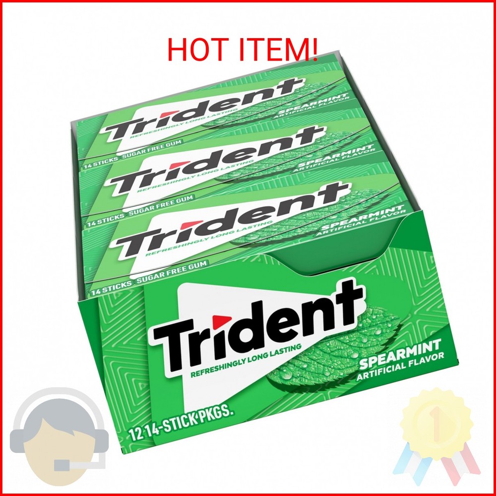 Trident Spearmint Sugar-Free Chewing Gum, 12 Packs of 14 Pieces (168 Total Piece