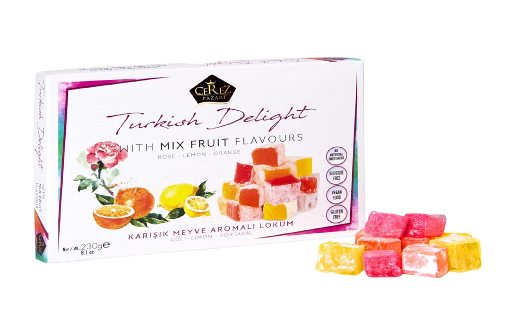 Cerez Pazari Turkish Delight with Rose, Orange and Lemon Mix Flavours 8.1 Oz Gou