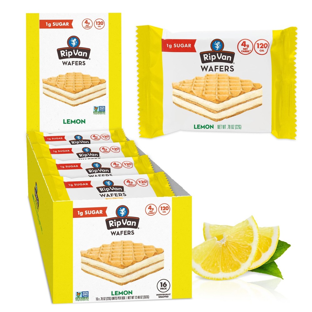 Rip Van Wafels Lemon Cookies, 16 Count, 1g 16 Count (Pack of 1), yellow