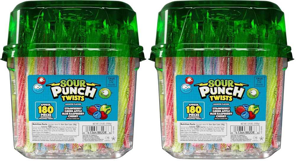 Twists, Sour Candy 6″ Individually Wrapped Chewy Candy, 4 Assorted Fruity Flavor
