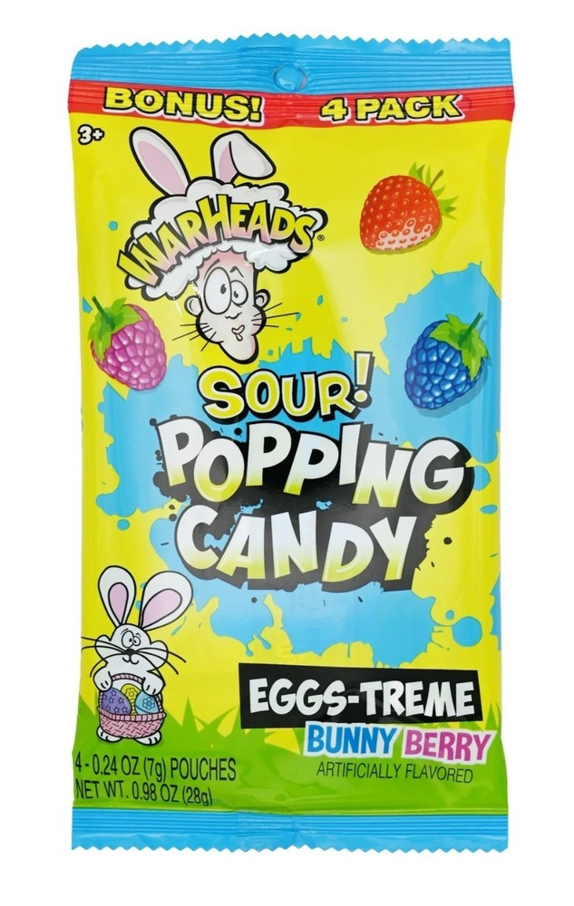 0.98 oz/4pc Bag Total WARHEADS Sour Popping Candy Eggs-Treme Bunny Berry Easter