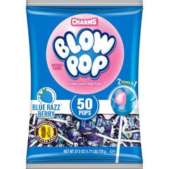 Blue Raspberry Blow Pops Bubble Gum Lollipops 50 Count Individually Wrapped