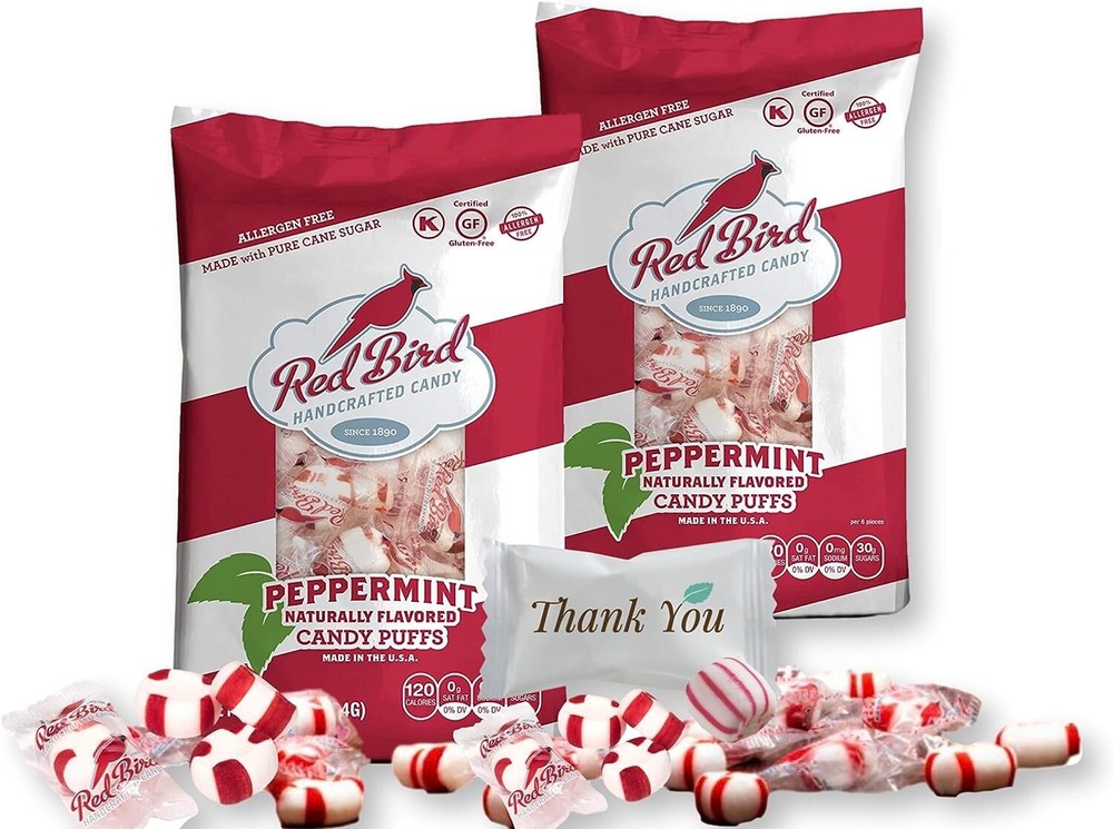 The Original Melt Away Mint Red Bird Peppermint Candy Puffs 2 Bags 5 Oz Each