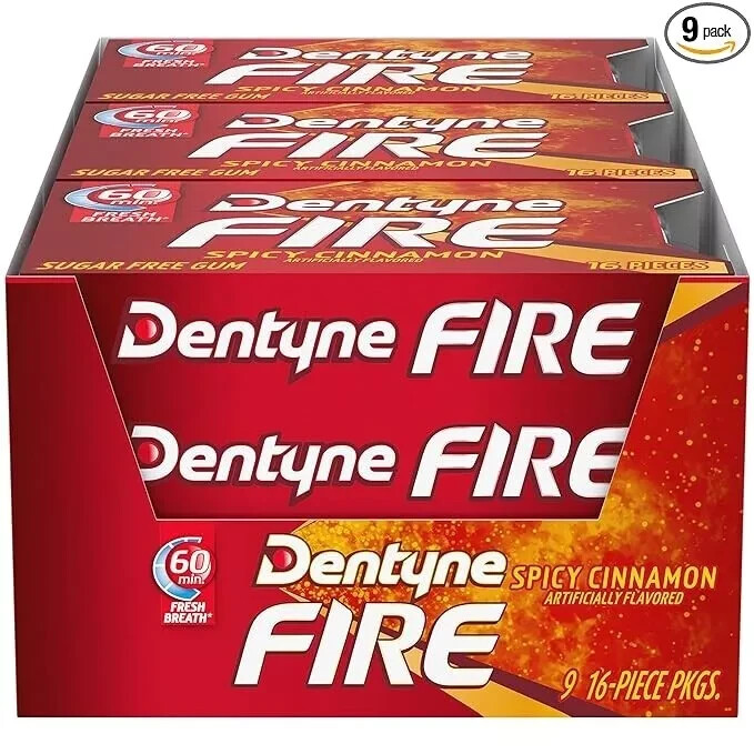 Dentyne Fire Spicy Cinnamon Sugar Free Gum, Pack of 9 (144 Total Pieces)..
