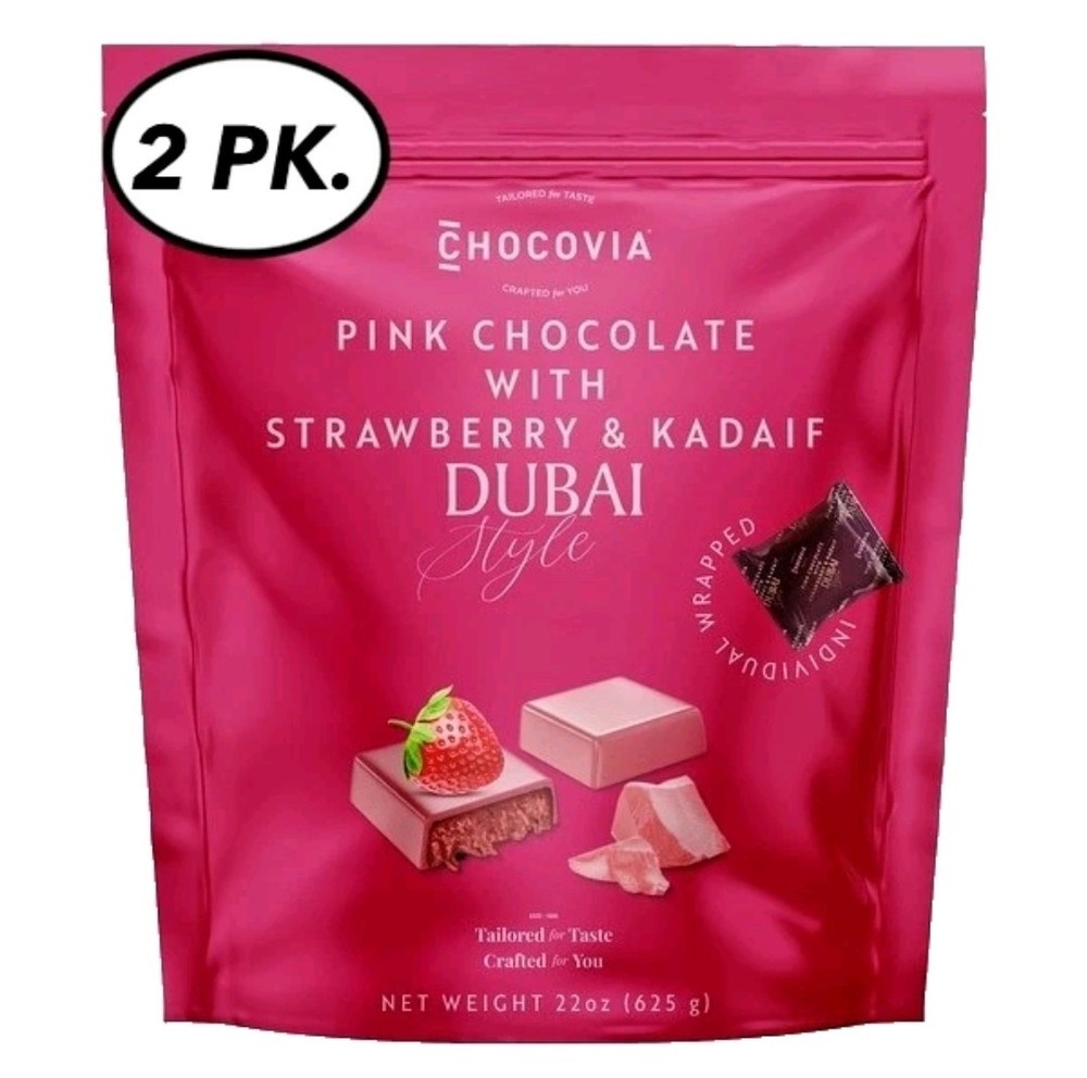 2 BAGS CHOCOVIA DUBAI STYLE PINK CHOCOLATE WITH STRAWBERRY & KADAIF, 44 OZ TOTAL