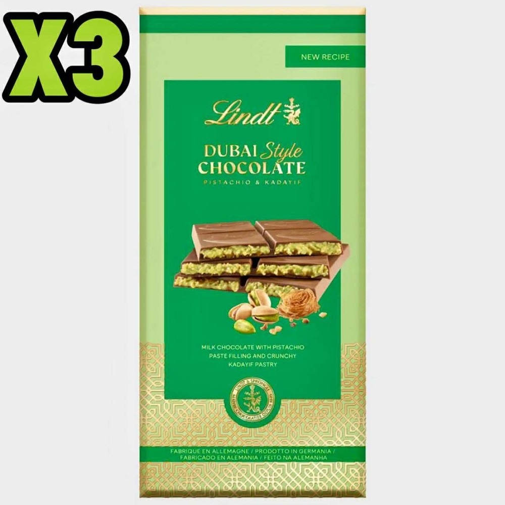 3 Lindt Dubai Style Chocolate Bar (5.3 oz/150g) – Pistachio and Kadayif Pastry