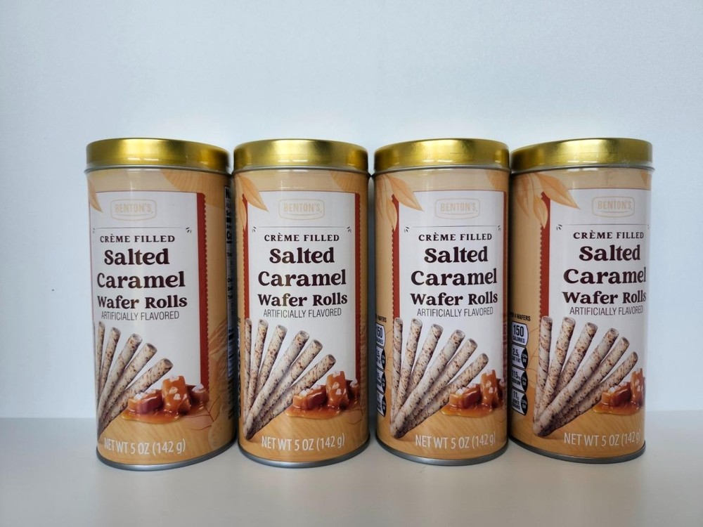 Bentons Creme Filled Salted Caramel Wafer Rolls Set Of 4 Tin 5 oz each 7/23/26