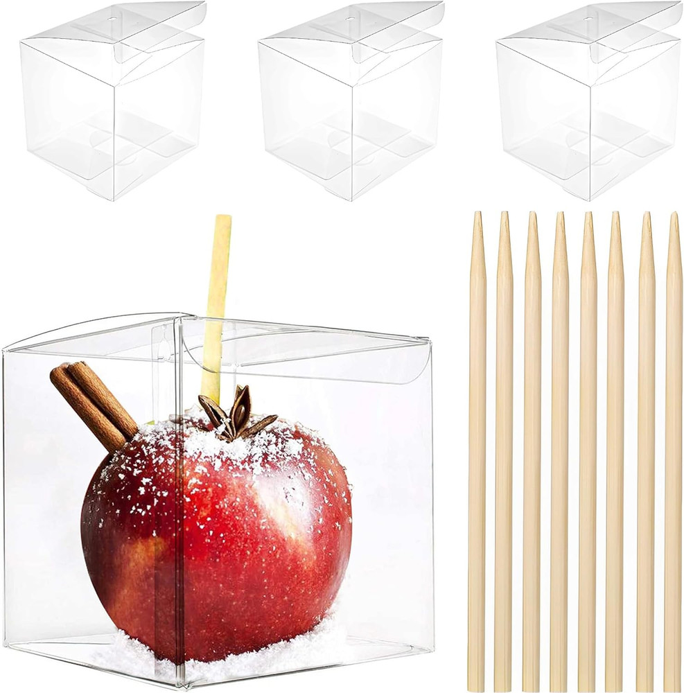 20 Pack 4”X 4” X 4” Clear Candy Apple Boxes with Hole and Sticks Set Food Gra