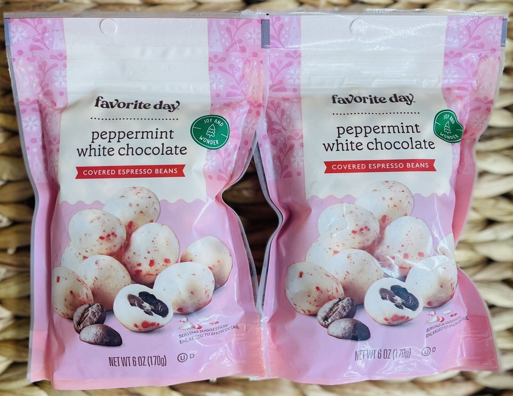 2 Bags Favorite Day PEPPERMINT WHITE CHOCOLATE Covered Espresso Beans BB 10/2023
