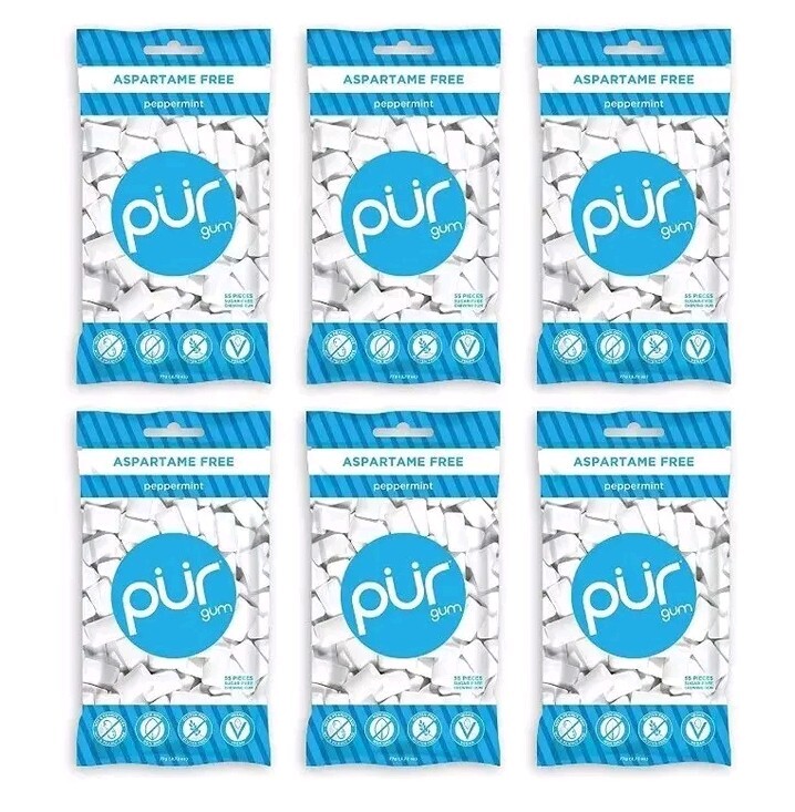 PUR Xylitol Chewing Gum PEPPERMINT (55 Pieces, 6 Pack) Sugarless Vegan Pure