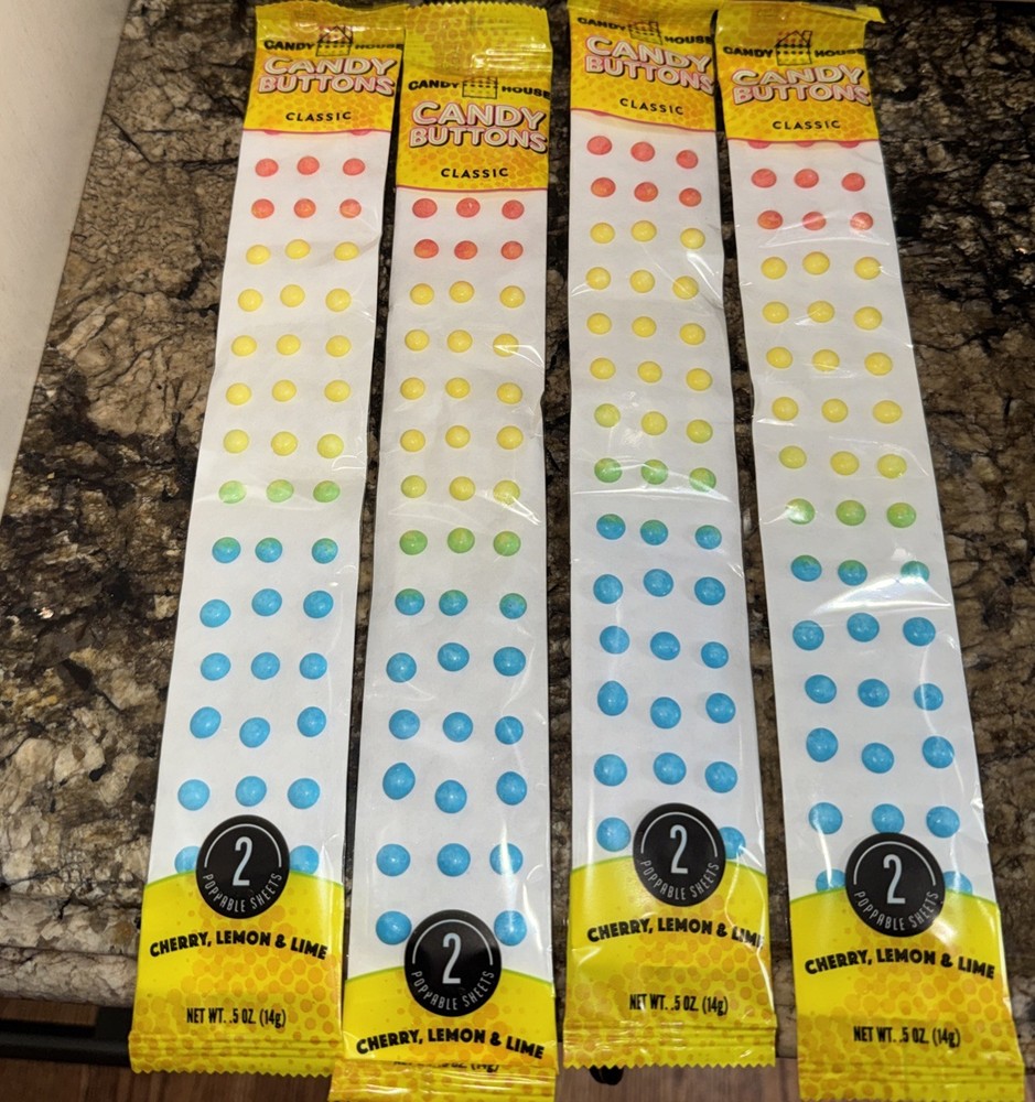 Lot Of 4 Candy Buttons Classic Strips of Candy On Paper Cherry, Lemon & Lime