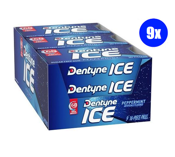 Dentyne Ice Peppermint Sugar Free Gum, 9 Packs of 16 Pieces (144 Total Pieces)
