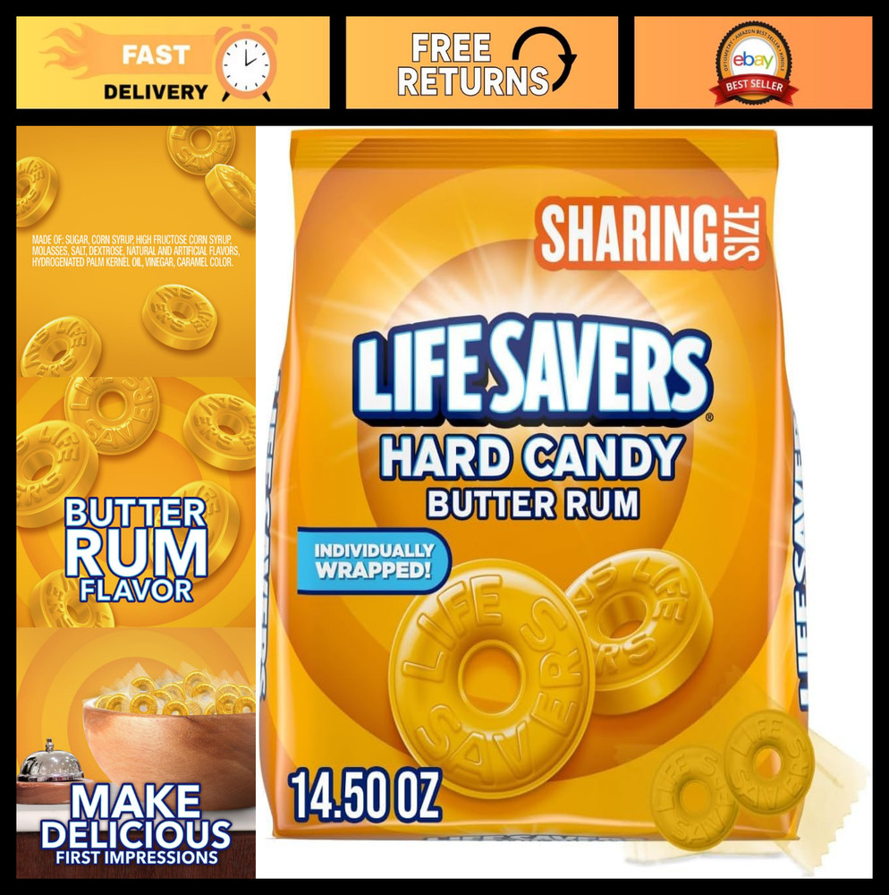 Individually Wrapped Butter Rum Hard Candy, 14.5 oz Sharing Size, Pack of 20