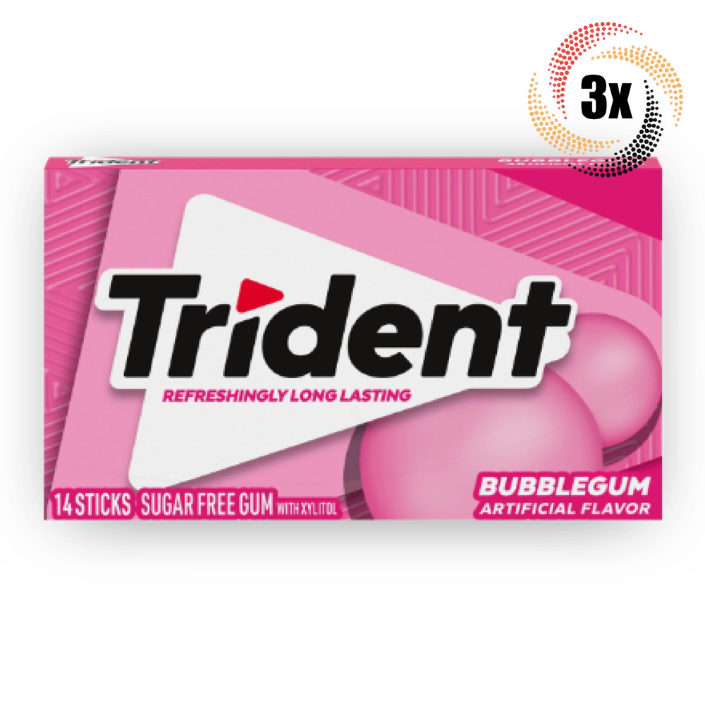 3x Packs Trident Bubblegum Flavor Sugar Free Chewing Gum | 14 Sticks Per Pack