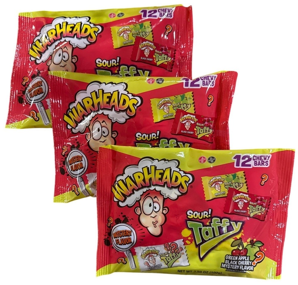 3 Warheads Sour Taffy 12ct/Bag 3.59oz ea Black Cherry+Green Apple+Mystery Candy