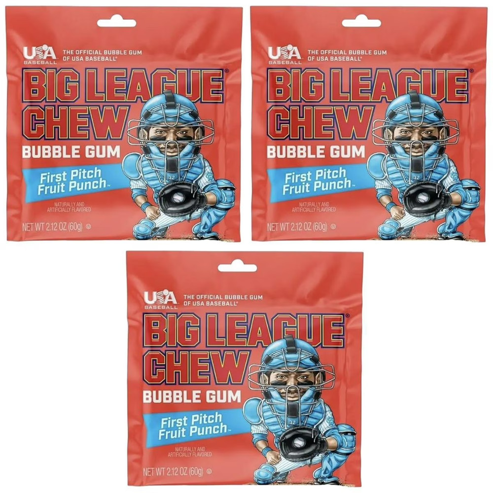 3 Pack Big League Chew Fruit Punch Flavor Bubble Gum Candy Retro
