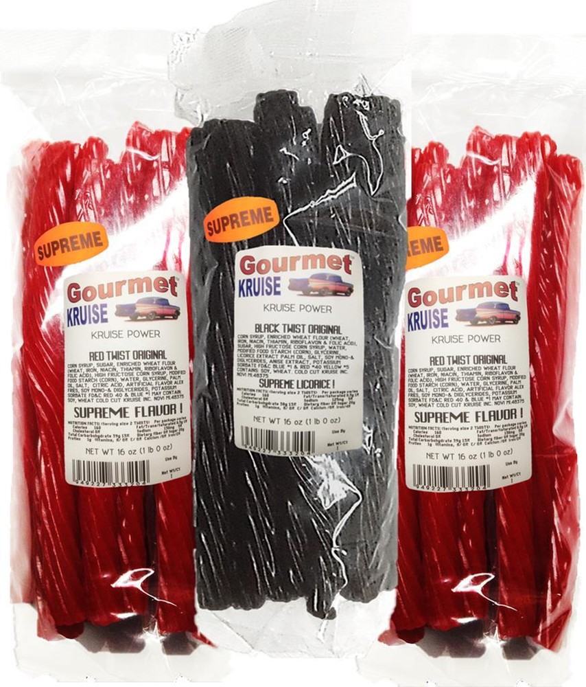 (2)Red (1)Black Licorice Original Twist 3-1lb Bags (NETWT 48 OZ) Gourmet Kruise®