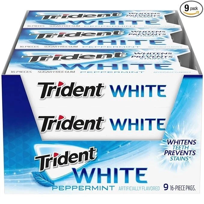Trident White Peppermint GUM – Pack of 9 – Sugar Free – 16 COUNT