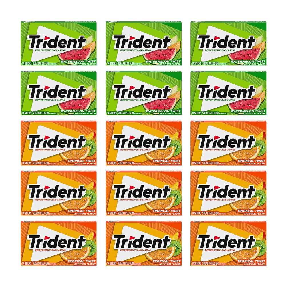 Trident Sugar-Free Chewing Gum Variety Pack Watermelon Twist & Tropical 15 Packs