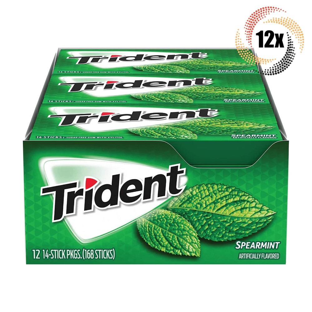 Full Box 12x Packs Trident Spearmint Flavor Sugar Free Gum, 14 Sticks Per Pack