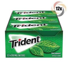 Full Box 12x Packs Trident Spearmint Flavor Sugar Free Gum, 14 Sticks Per Pack