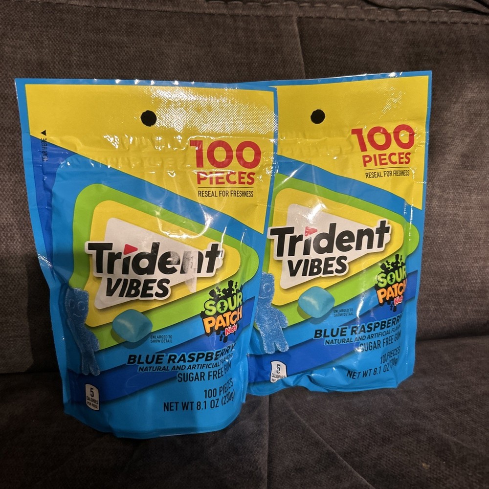 2x Trident Vibes SOUR PATCH KIDS Blue Raspberry Sugar Free Gum, Resealable Pouch