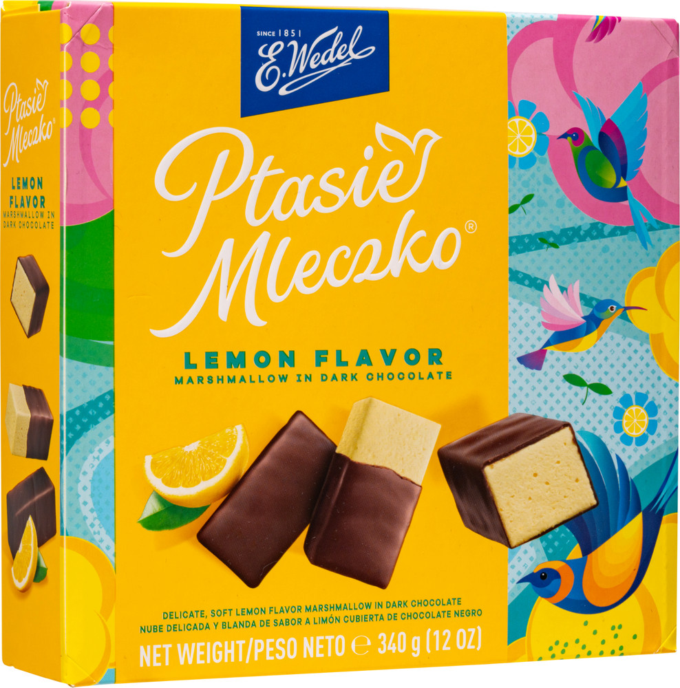 Ptasie Mleczko Candy Box, Lemon Flavor Marshmallow in Dark Chocolate, 340g/12oz