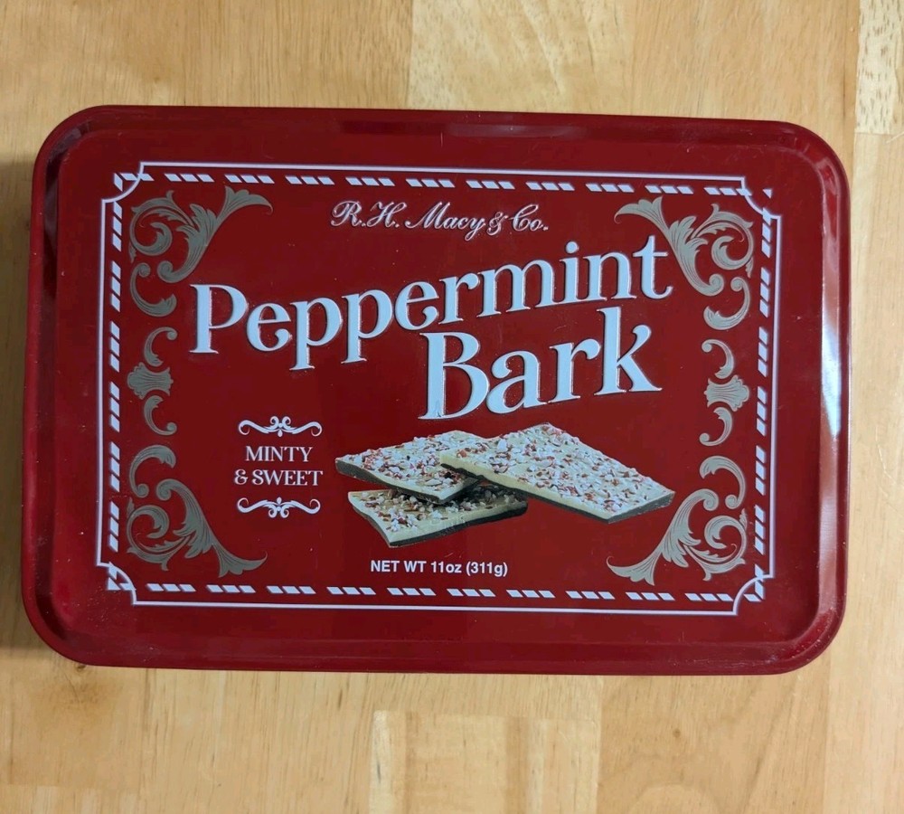 Peppermint Bark Layered Premium Chocolates. Sealed. Hinged Embossed Tin Box