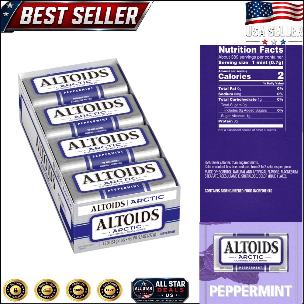 Curiously Cool Arctic Peppermint Hard Candy Mints – 8 x 1.2 oz Sugar Free Tins