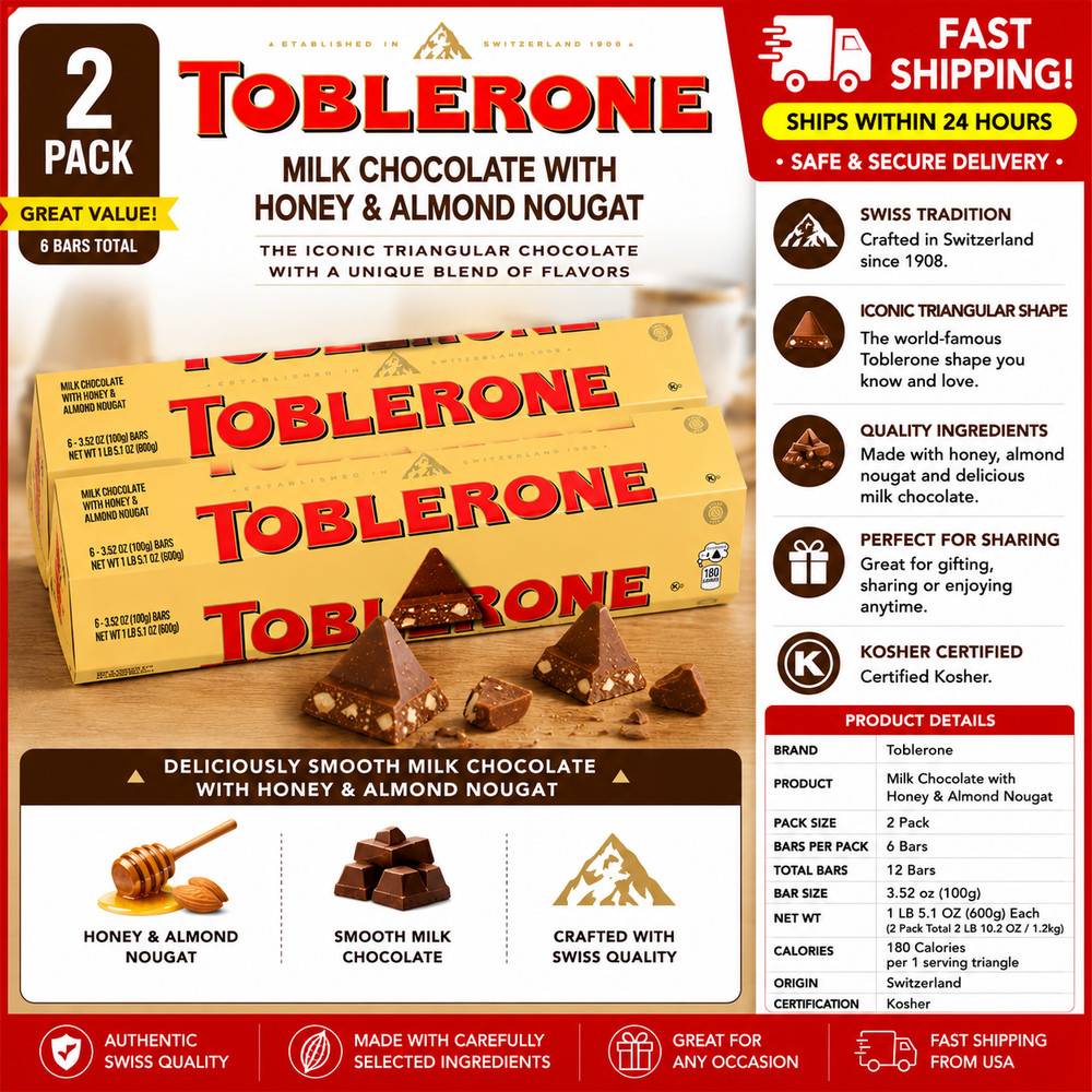 2 Pack Toblerone Swiss Milk Chocolate Bar, 3.52 oz, 6-Count
