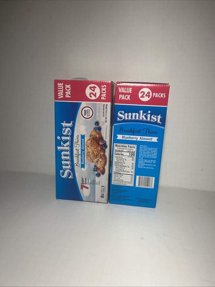 4 Boxes Sunkist Breakfast Thins Blueberry Almond-96Count/ 7 Super Grains & Seed