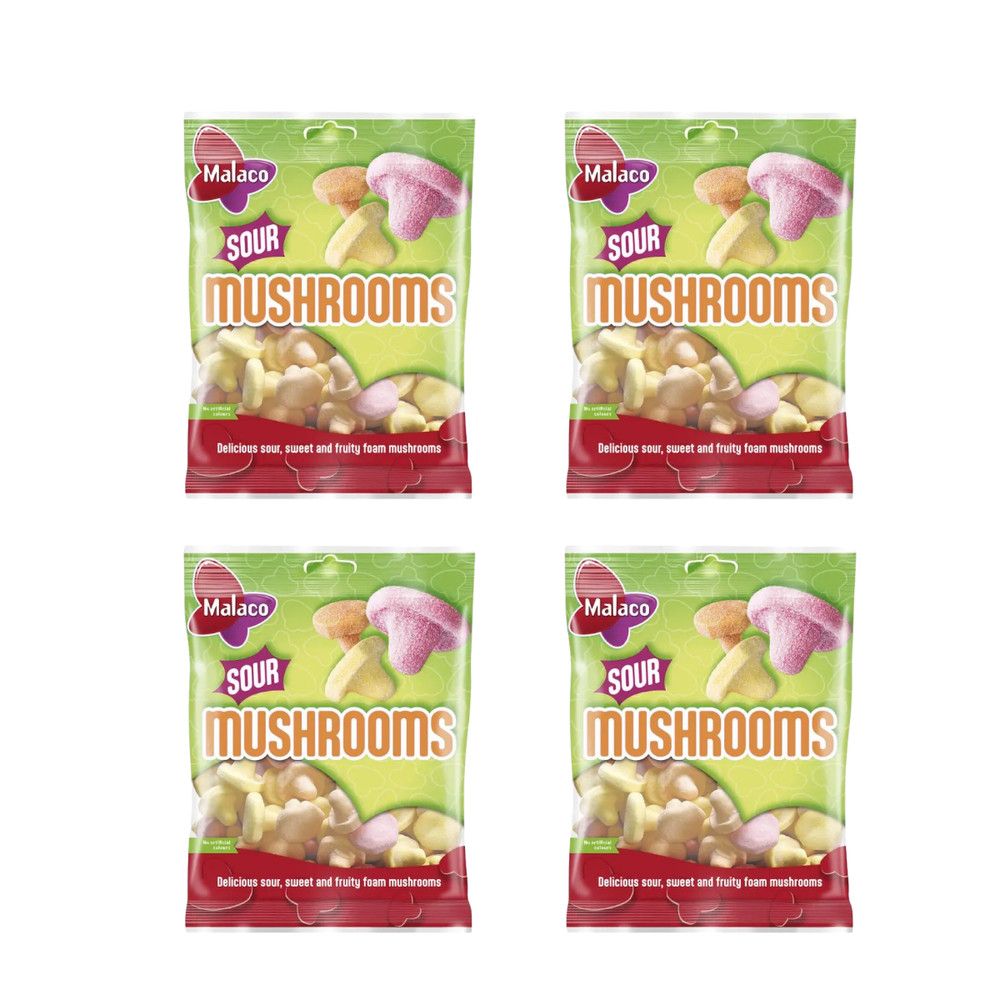 4x Malaco Sour Mushrooms 100g – Swedish Fruity Foam Candy with Tangy Twist 🍄