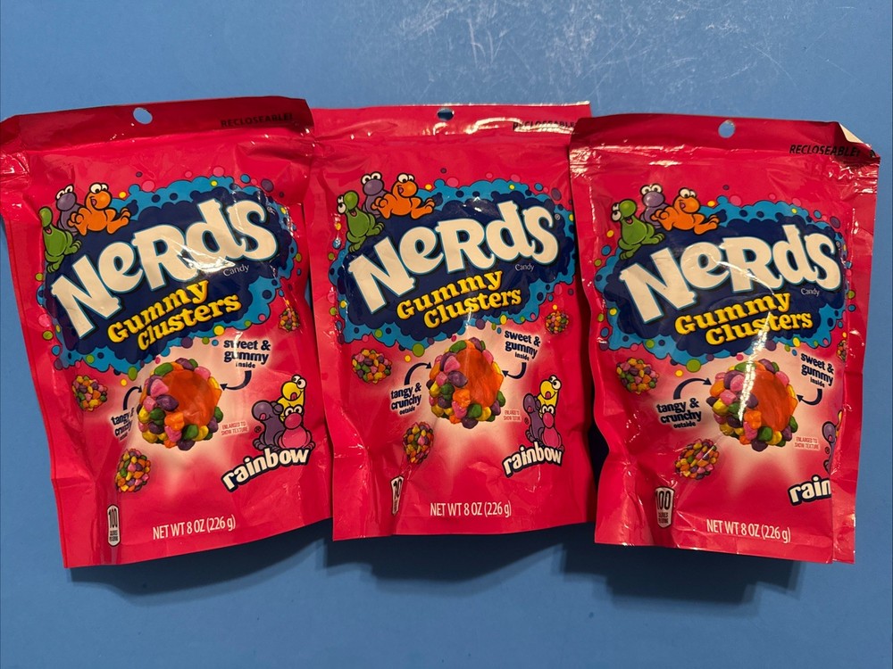 3 x NERDS Gummy Clusters, Candy, Rainbow, Crunchy and Gummy, 8 oz Each Lot New!