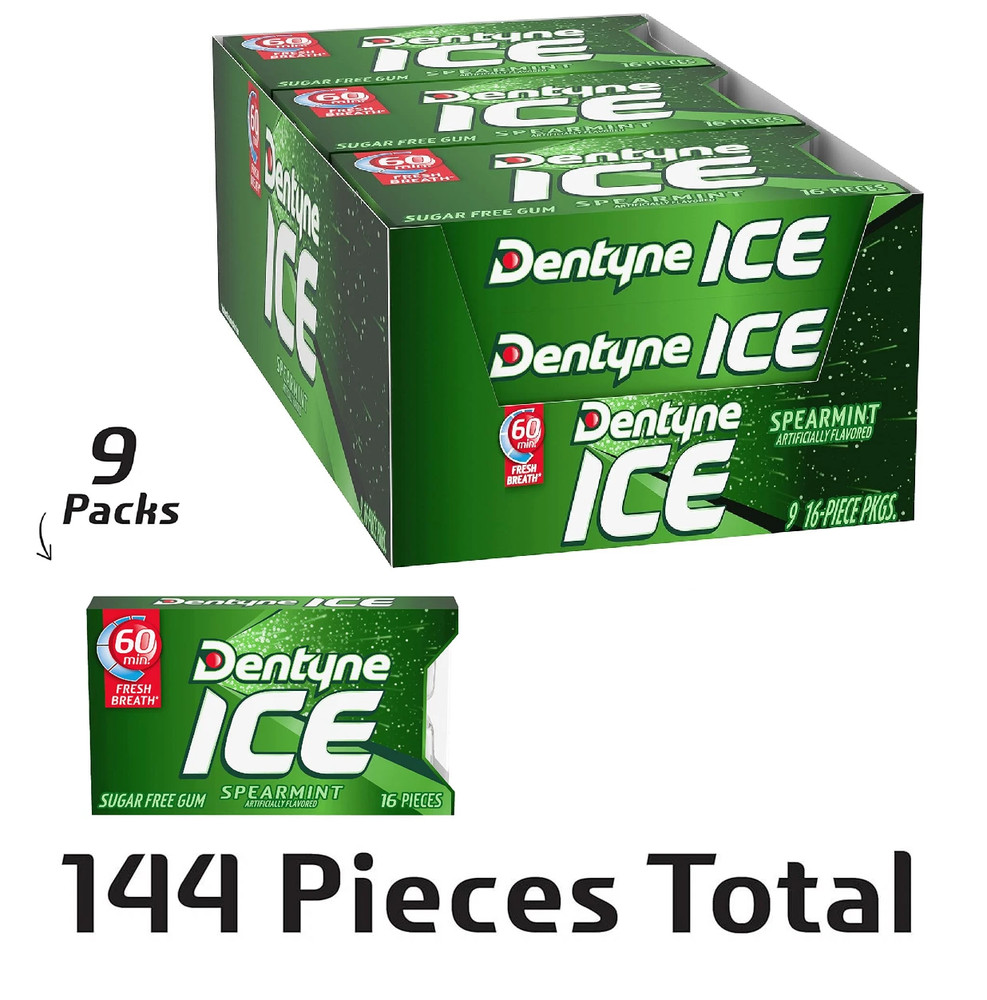 Dentyne Ice Spearmint, Sugar Free Gum, 9 Packs of 16 Pieces (144 Total Pieces)