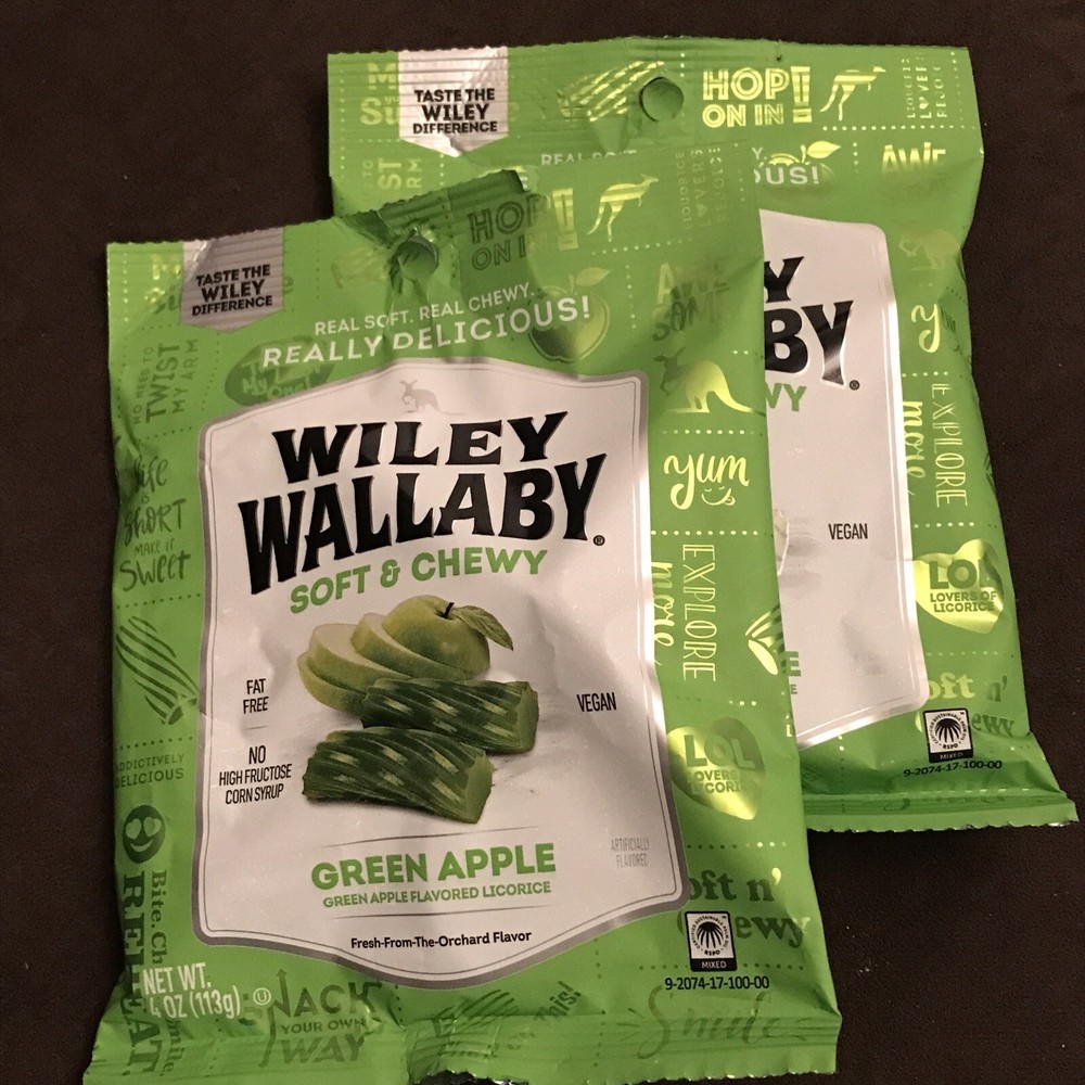 Lot of 2 Wiley Wallaby Australian Green Apple Gourmet Licorice 4 oz Bags Candy