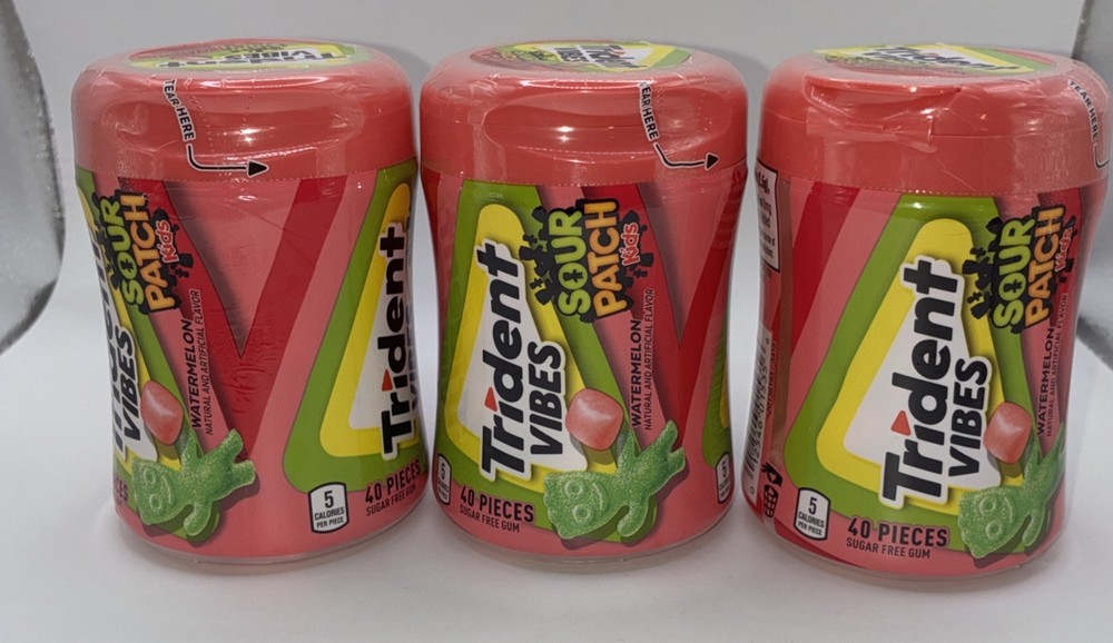 💥 Trident Vibes SOUR PATCH KIDS Watermelon Sugar-Free Chewing Gum, 3 Bottles