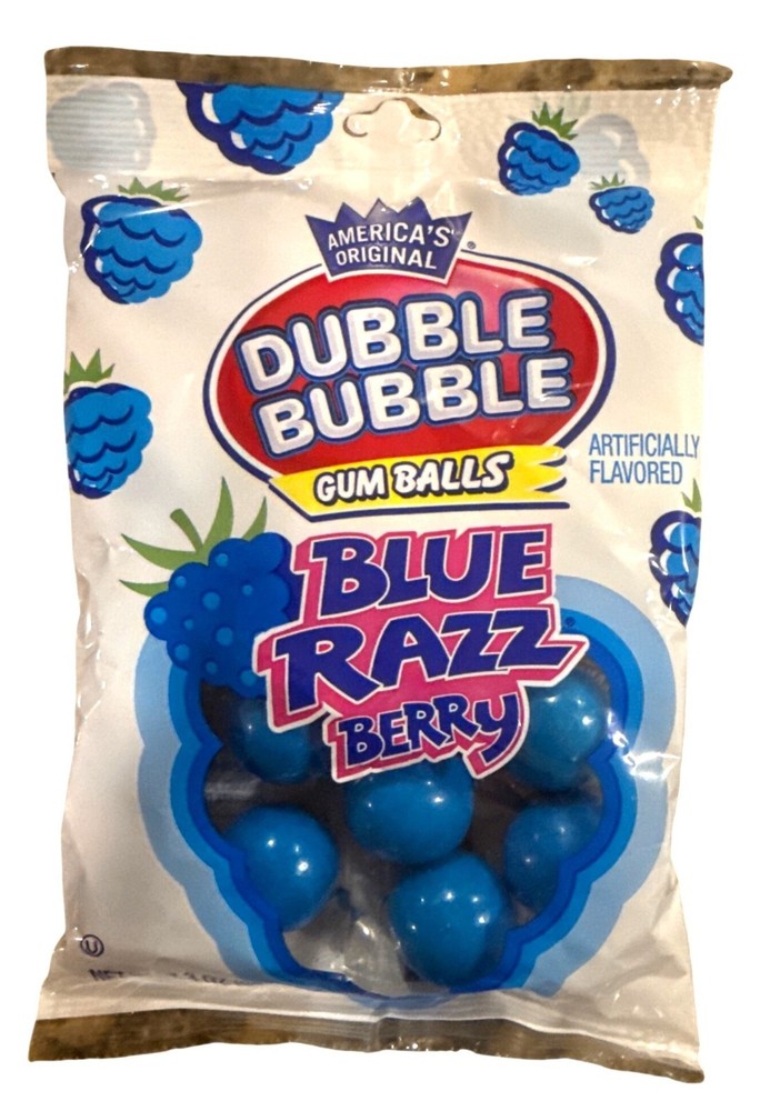 3.3 oz Bag DUBBLE BUBBLE Blue Razz Berry Gum Balls Candy Peanut and Gluten Free
